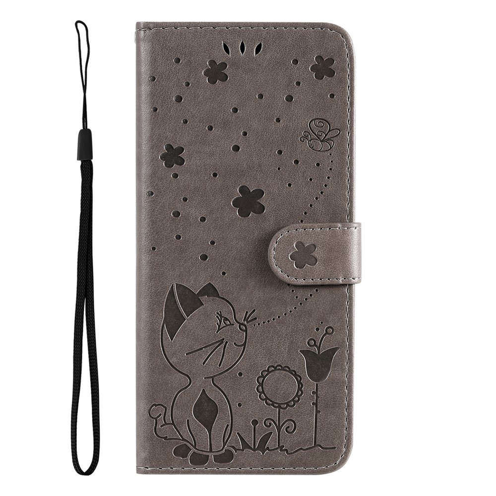 Anti-fingerprint Wallet Design Flip Phone Case Cat and Bee Pattern Imprinting Leather Phone Cover Shell with Stand for Motorola Moto E20/E30/E40 - Grey-5