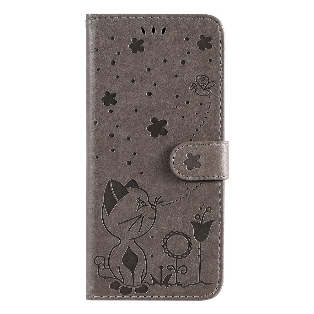 Anti-fingerprint Wallet Design Flip Phone Case Cat and Bee Pattern Imprinting Leather Phone Cover Shell with Stand for Motorola Moto E20/E30/E40 - Grey-7