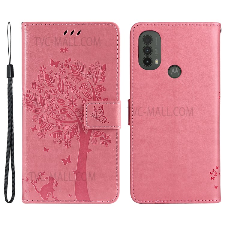 Cat and Tree Pattern Imprinted Wallet Flip Cover PU Leather Stand Magnetic Clasp Shockproof Protection Case with Strap for Motorola Moto E20 / Moto E30 / Moto E40 - Pink-1