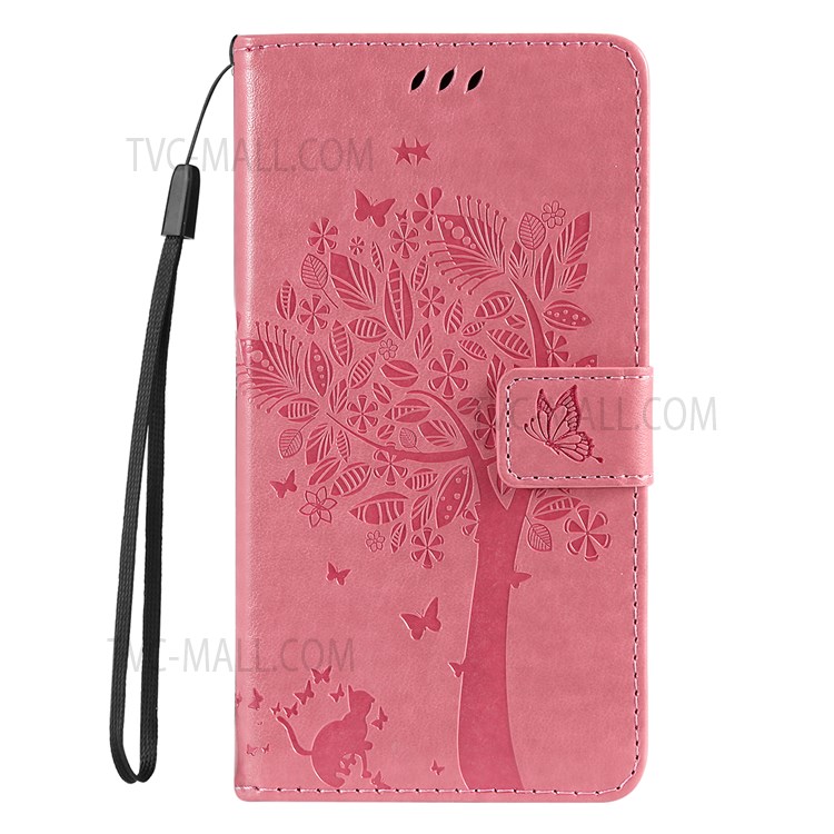 Cat and Tree Pattern Imprinted Wallet Flip Cover PU Leather Stand Magnetic Clasp Shockproof Protection Case with Strap for Motorola Moto E20 / Moto E30 / Moto E40 - Pink-2