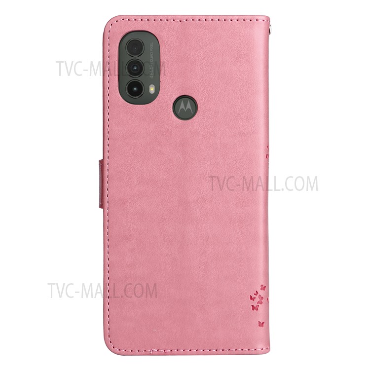 Cat and Tree Pattern Imprinted Wallet Flip Cover PU Leather Stand Magnetic Clasp Shockproof Protection Case with Strap for Motorola Moto E20 / Moto E30 / Moto E40 - Pink-3