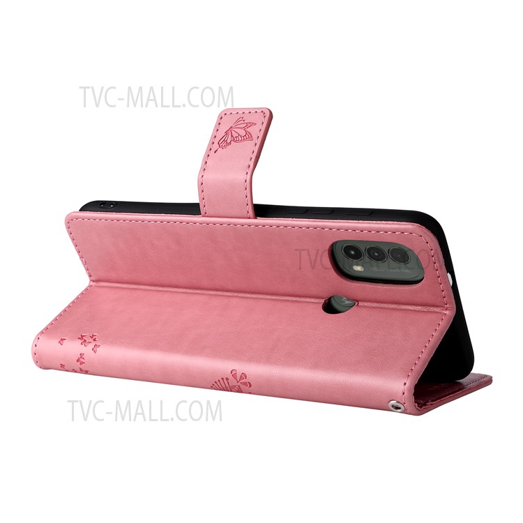 Cat and Tree Pattern Imprinted Wallet Flip Cover PU Leather Stand Magnetic Clasp Shockproof Protection Case with Strap for Motorola Moto E20 / Moto E30 / Moto E40 - Pink-4