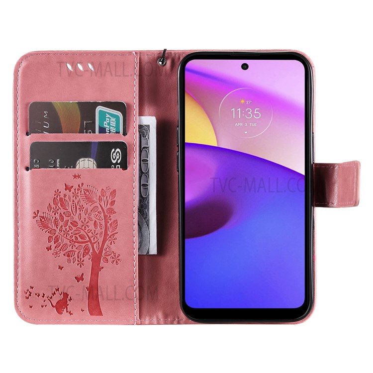 Cat and Tree Pattern Imprinted Wallet Flip Cover PU Leather Stand Magnetic Clasp Shockproof Protection Case with Strap for Motorola Moto E20 / Moto E30 / Moto E40 - Pink-6