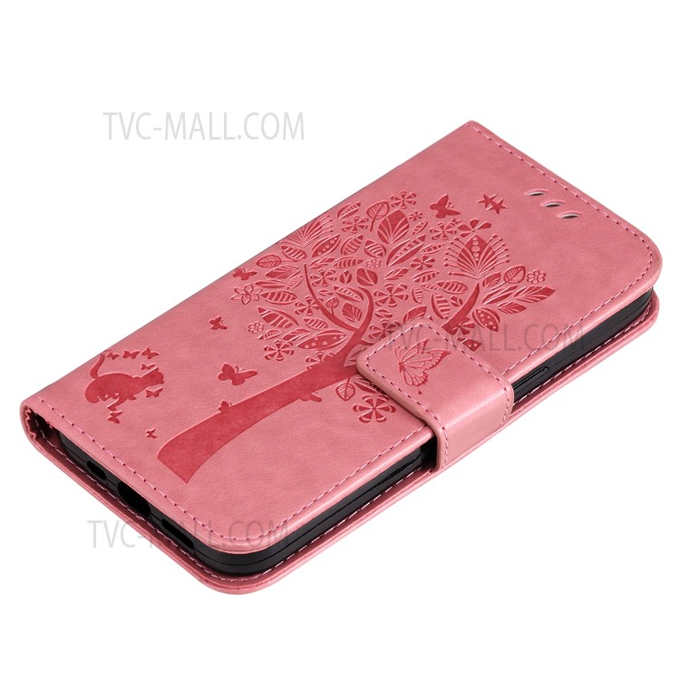 Cat and Tree Pattern Imprinted Wallet Flip Cover PU Leather Stand Magnetic Clasp Shockproof Protection Case with Strap for Motorola Moto E20 / Moto E30 / Moto E40 - Pink-7