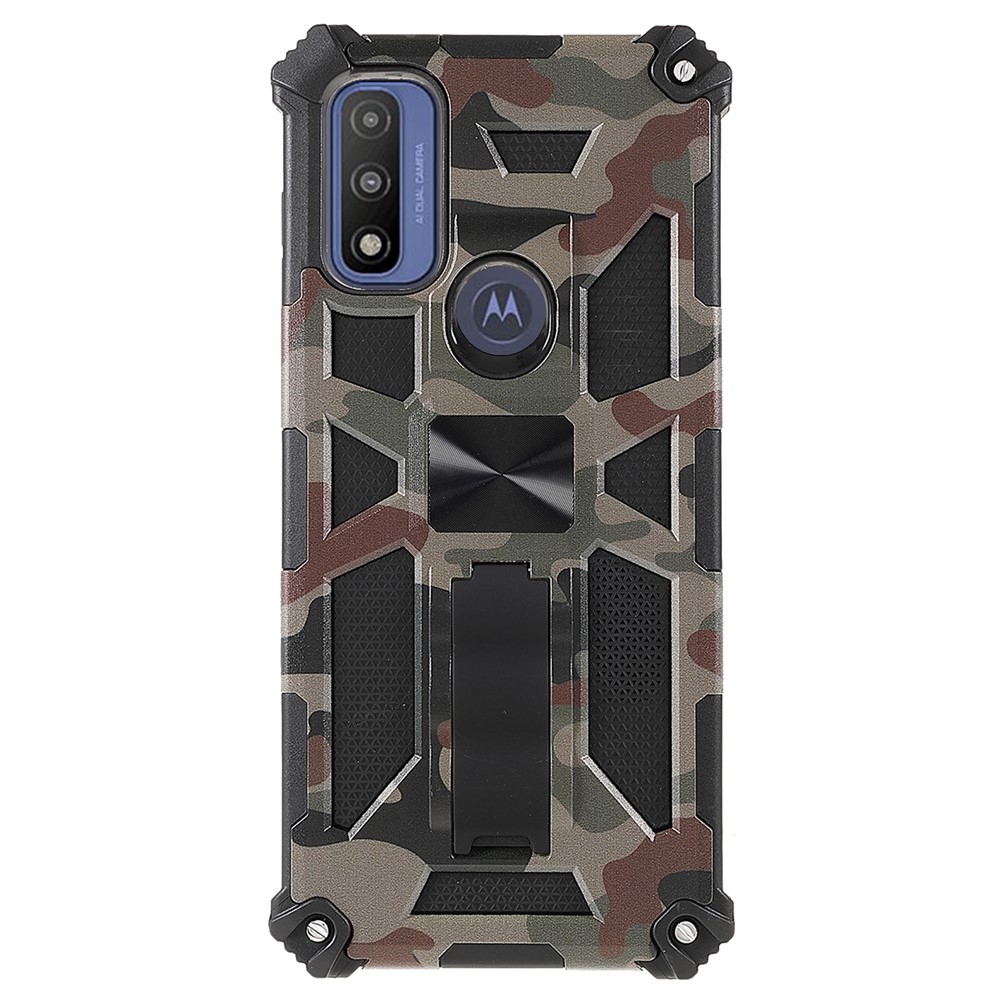 For Motorola G Pure Built-in Kickstand Camouflage Design Shockproof Anti-drop Phone Case Cover - Army Green-1