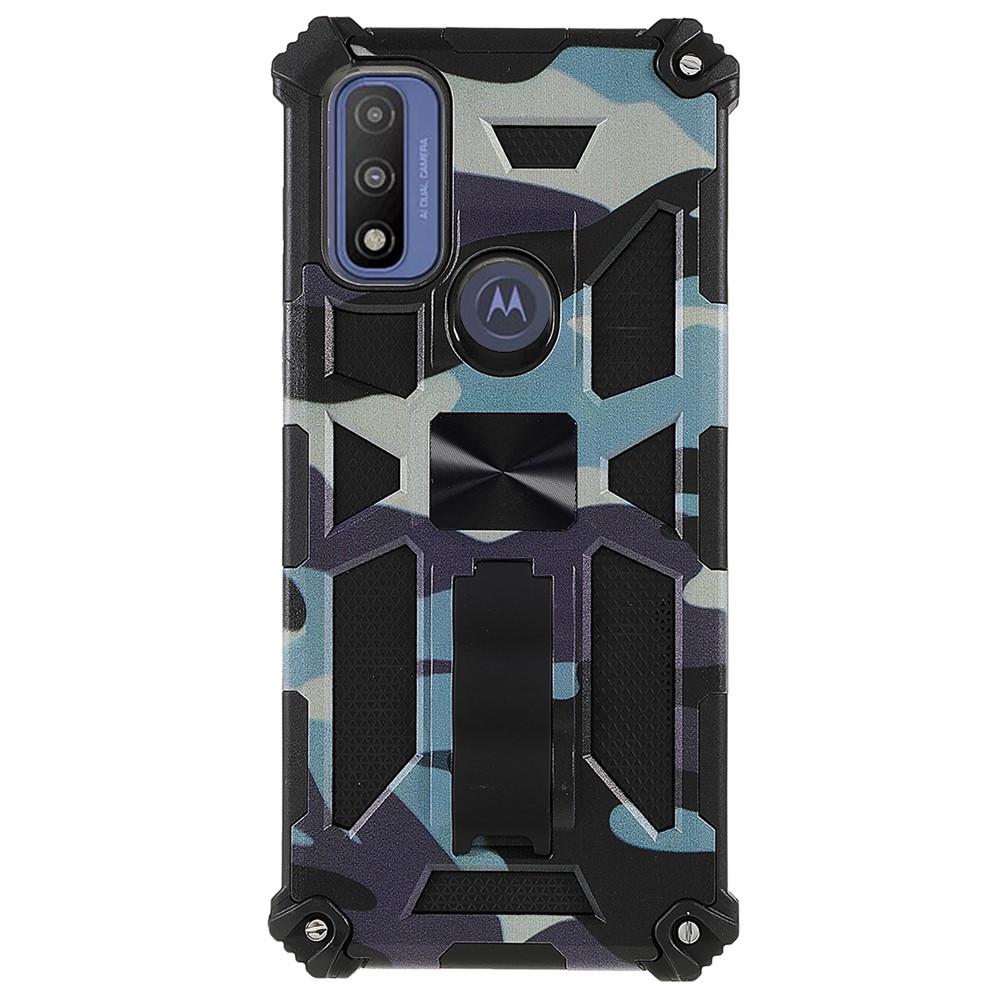 For Motorola G Pure Built-in Kickstand Camouflage Design Shockproof Anti-drop Phone Case Cover - Blue-1