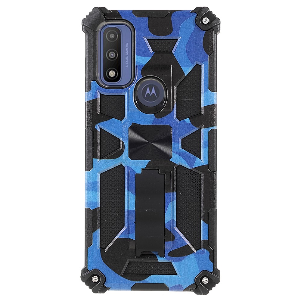 For Motorola G Pure Built-in Kickstand Camouflage Design Shockproof Anti-drop Phone Case Cover - Dark Blue-1