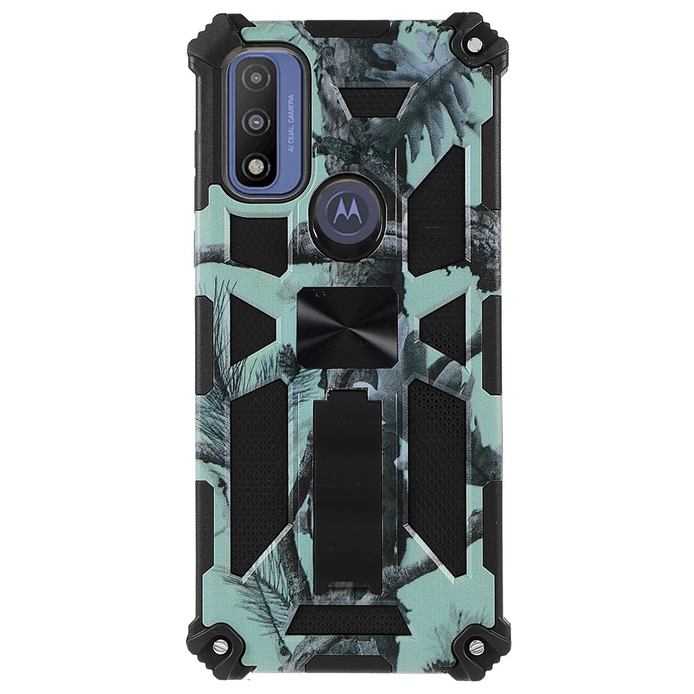 For Motorola G Pure Built-in Kickstand Camouflage Design Shockproof Anti-drop Phone Case Cover - Mint Green-1