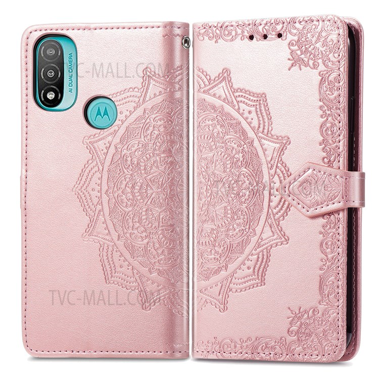 Embossed Mandala Pattern PU Leather Wallet Flip Case Shockproof Protective Stand Cover with Strap for Motorola Moto E20 - Rose Gold-1
