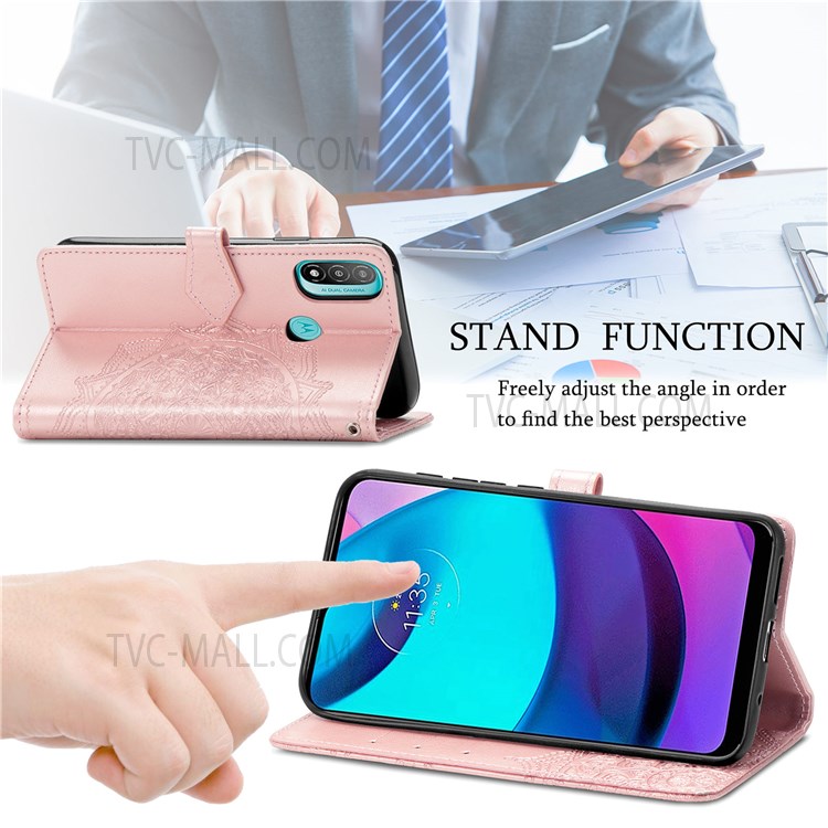 Embossed Mandala Pattern PU Leather Wallet Flip Case Shockproof Protective Stand Cover with Strap for Motorola Moto E20 - Rose Gold-2