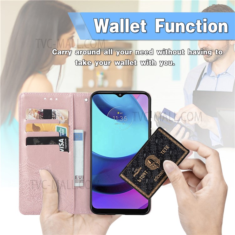Embossed Mandala Pattern PU Leather Wallet Flip Case Shockproof Protective Stand Cover with Strap for Motorola Moto E20 - Rose Gold-3
