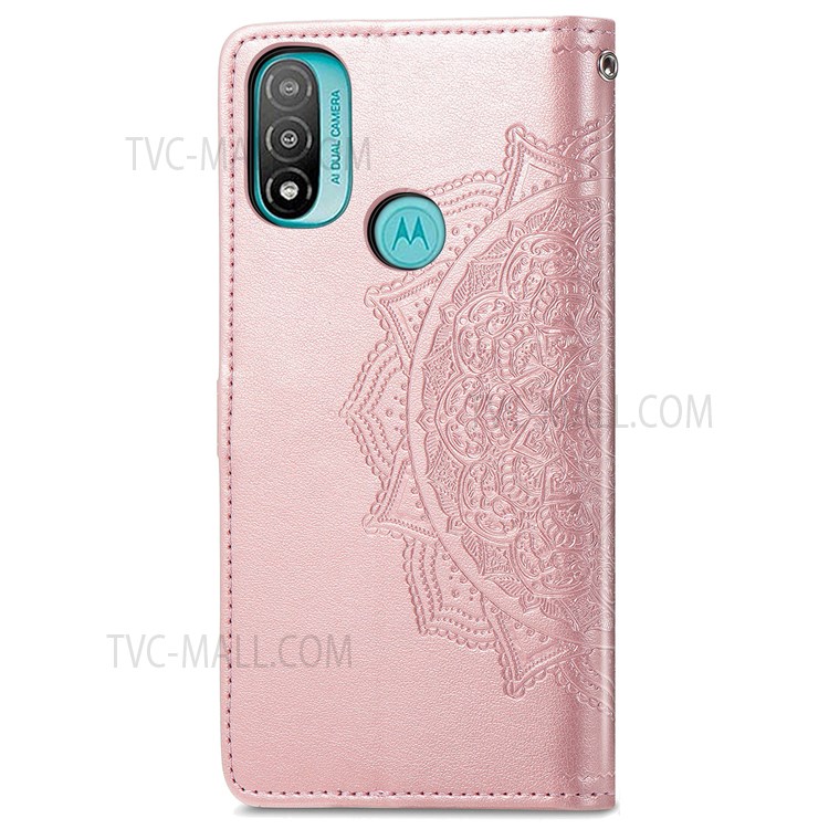 Embossed Mandala Pattern PU Leather Wallet Flip Case Shockproof Protective Stand Cover with Strap for Motorola Moto E20 - Rose Gold-6