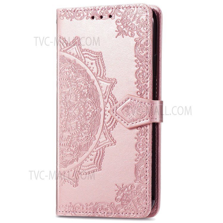 Embossed Mandala Pattern PU Leather Wallet Flip Case Shockproof Protective Stand Cover with Strap for Motorola Moto E20 - Rose Gold-7