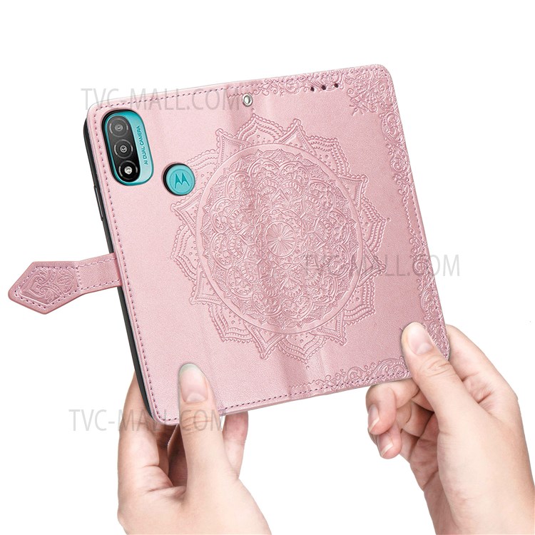 Embossed Mandala Pattern PU Leather Wallet Flip Case Shockproof Protective Stand Cover with Strap for Motorola Moto E20 - Rose Gold-8