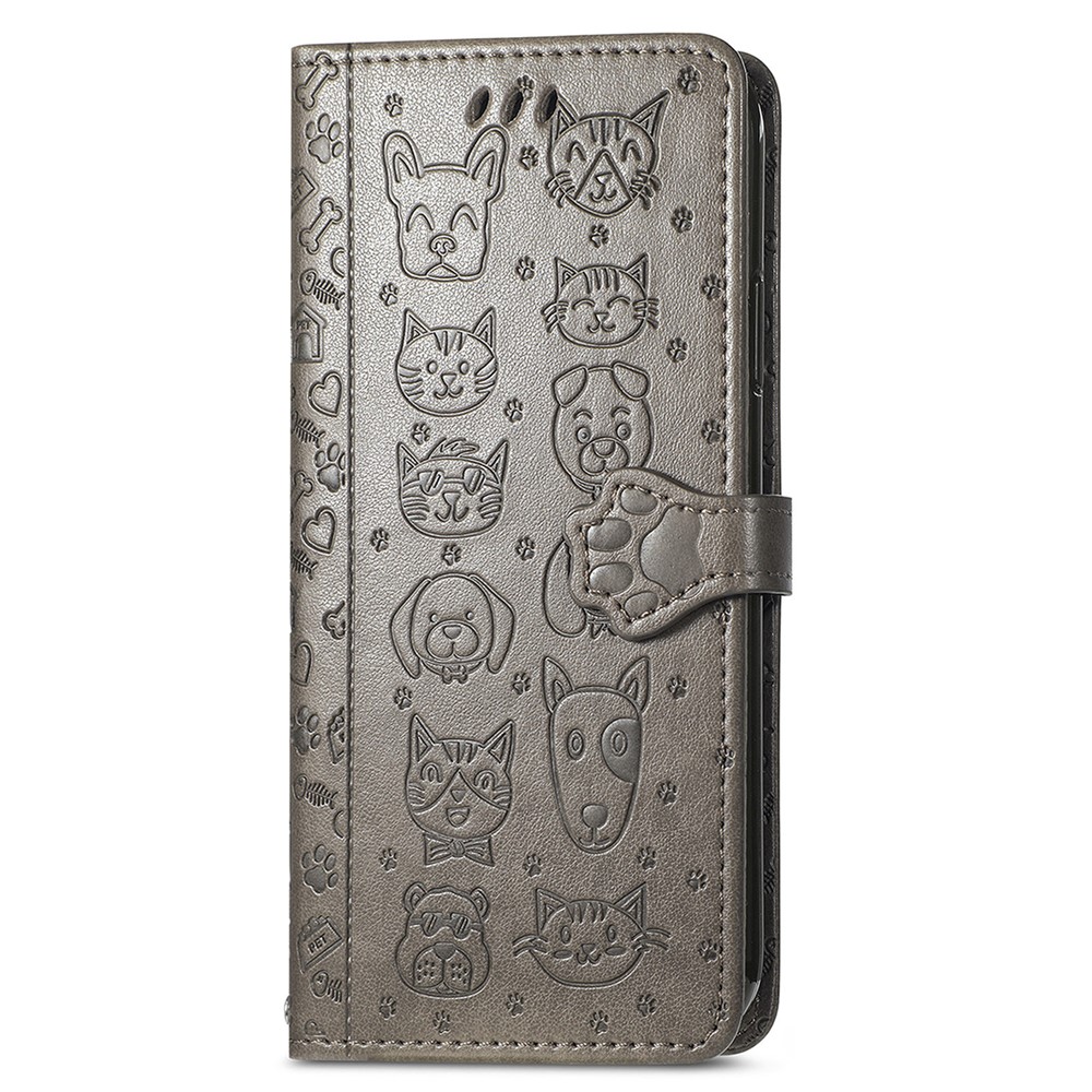 PU Leather+TPU Phone Case Shockproof Magnetic Clasp Cat Dog Pattern Wallet Stand Phone Cover for Motorola Moto E20 - Grey-7