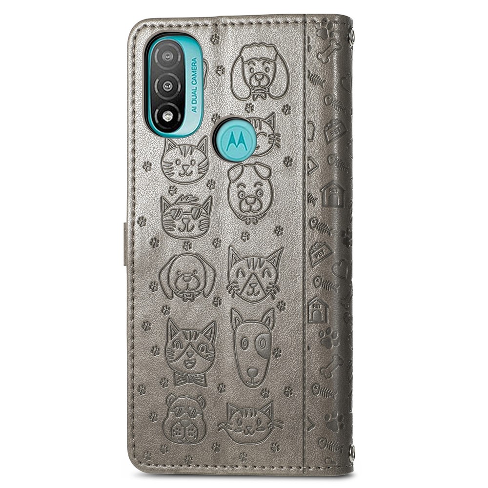 PU Leather+TPU Phone Case Shockproof Magnetic Clasp Cat Dog Pattern Wallet Stand Phone Cover for Motorola Moto E20 - Grey-8