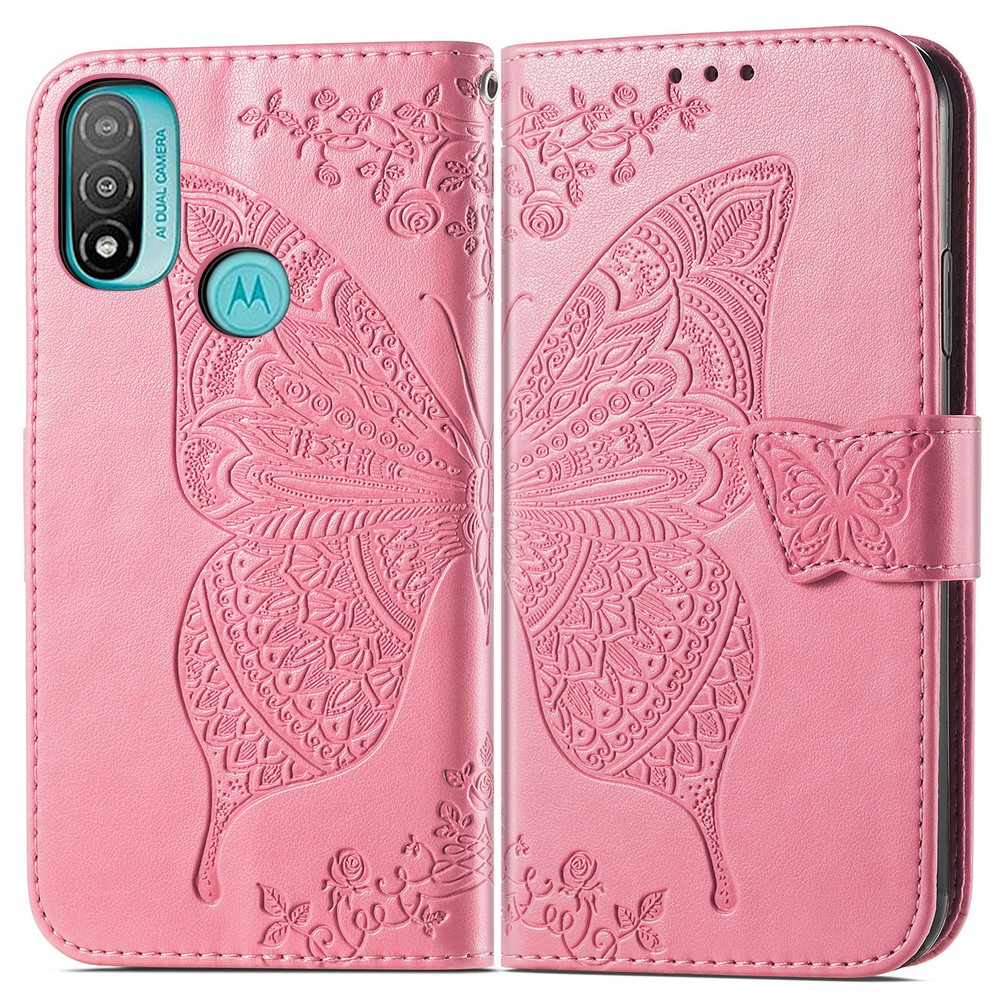 Butterfly Flower Imprinted PU Leather + TPU Shockproof Phone Case Magnetic Clasp Flip Stand Cover with Strap for Motorola Moto E20 - Pink-1