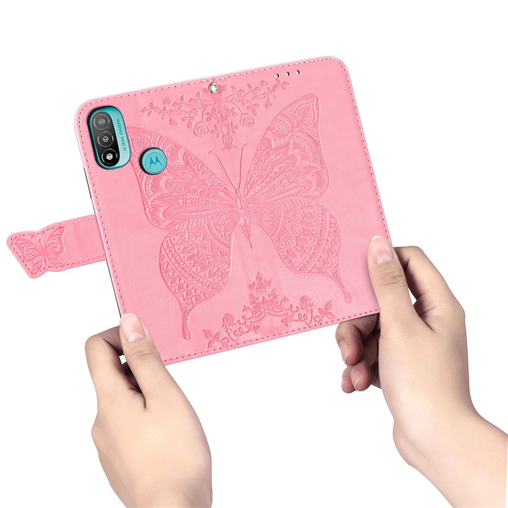 Butterfly Flower Imprinted PU Leather + TPU Shockproof Phone Case Magnetic Clasp Flip Stand Cover with Strap for Motorola Moto E20 - Pink-10