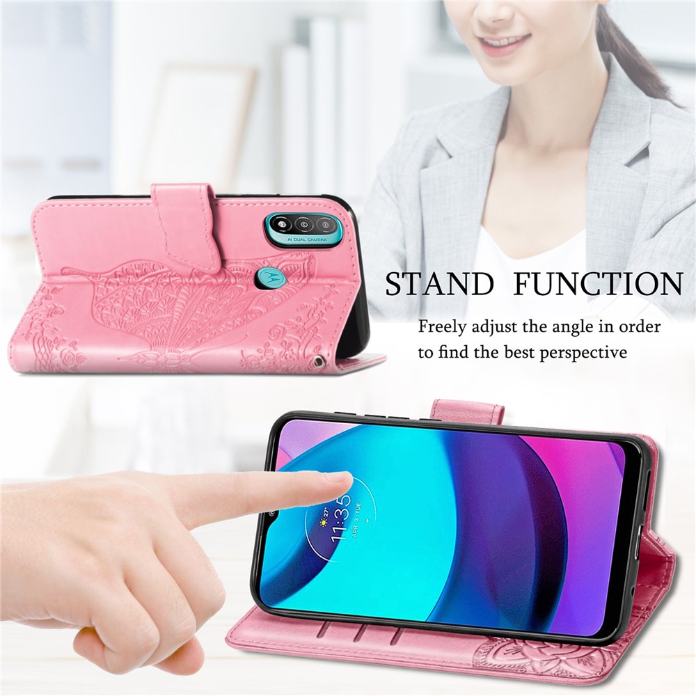 Butterfly Flower Imprinted PU Leather + TPU Shockproof Phone Case Magnetic Clasp Flip Stand Cover with Strap for Motorola Moto E20 - Pink-2