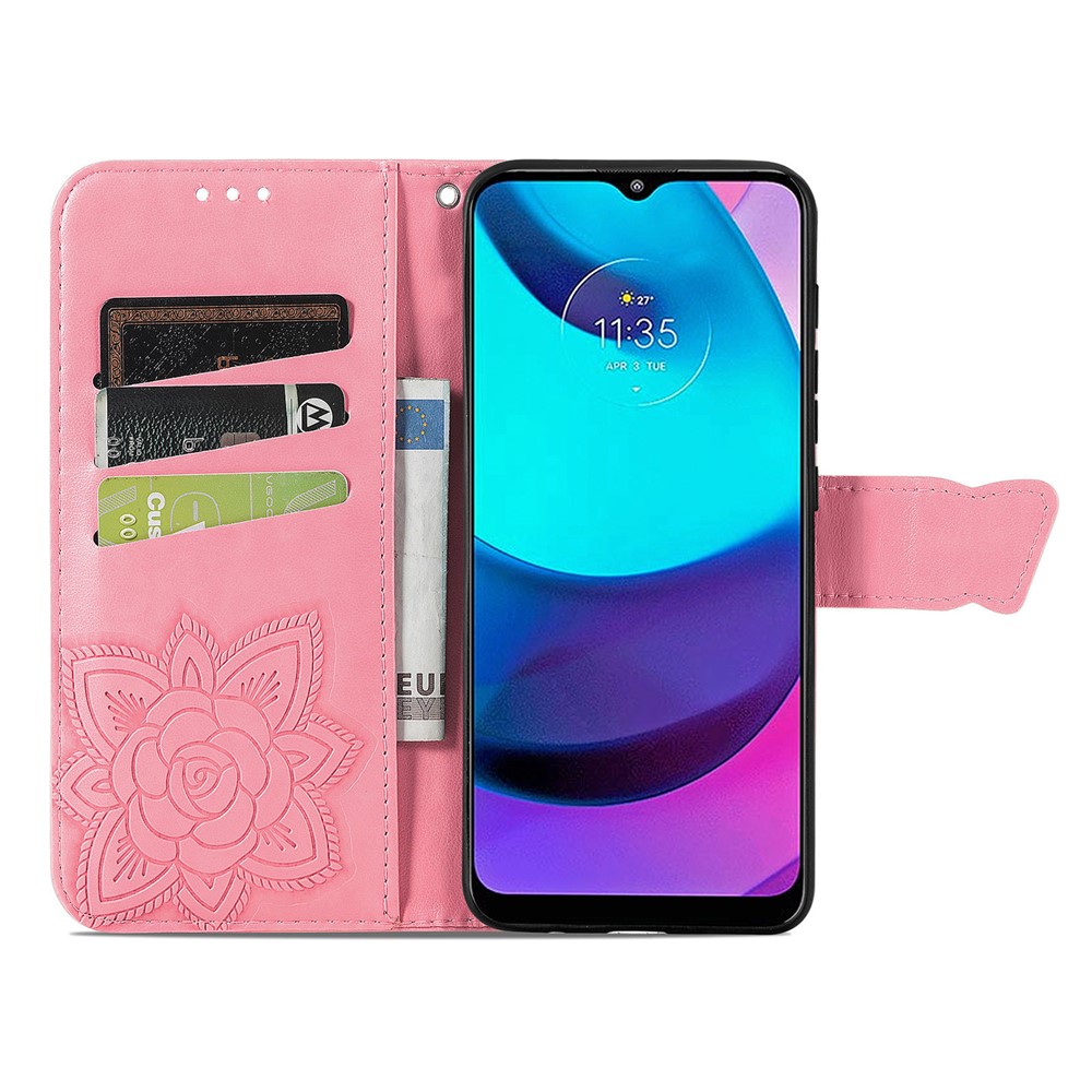 Butterfly Flower Imprinted PU Leather + TPU Shockproof Phone Case Magnetic Clasp Flip Stand Cover with Strap for Motorola Moto E20 - Pink-3