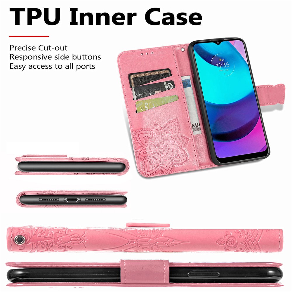 Butterfly Flower Imprinted PU Leather + TPU Shockproof Phone Case Magnetic Clasp Flip Stand Cover with Strap for Motorola Moto E20 - Pink-4