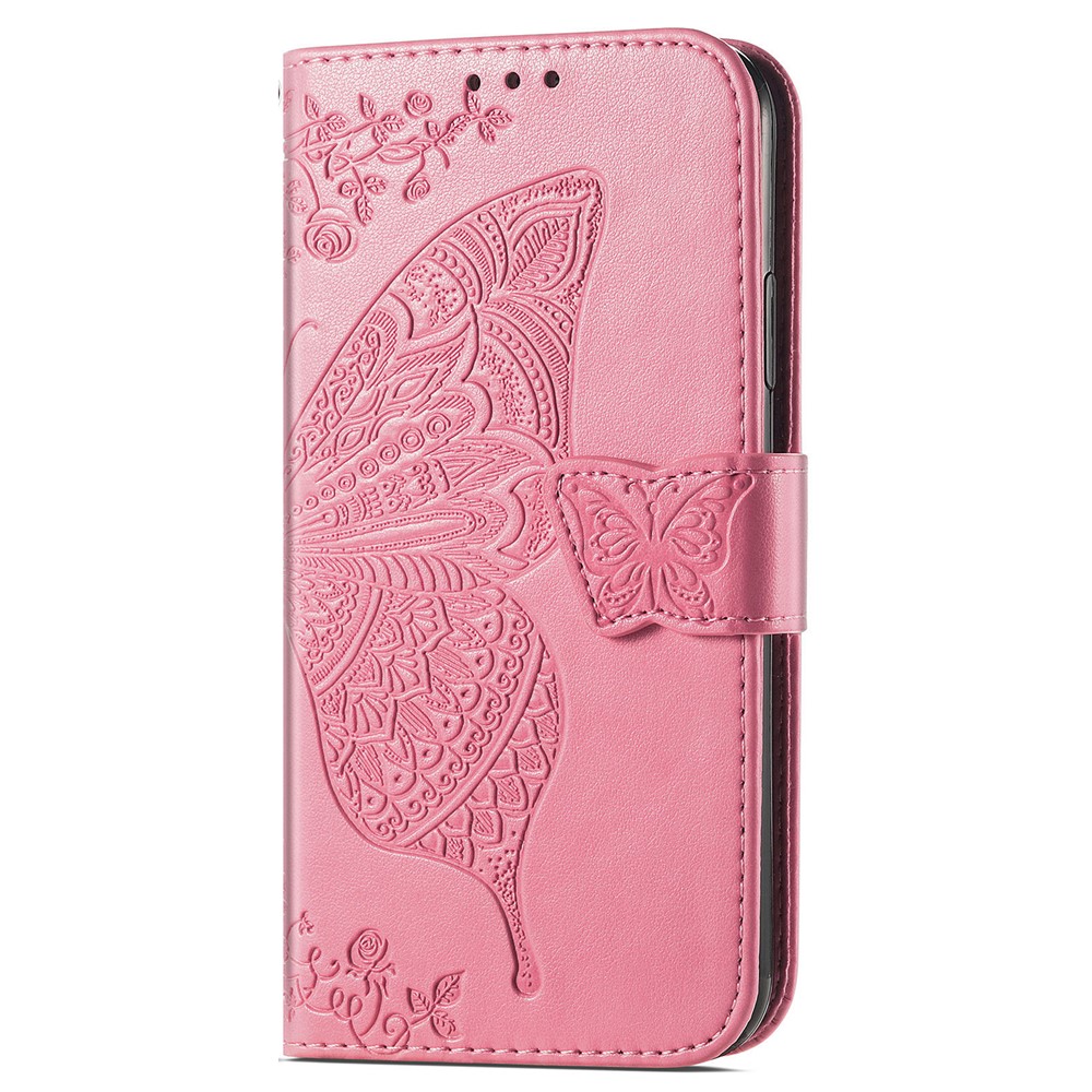 Butterfly Flower Imprinted PU Leather + TPU Shockproof Phone Case Magnetic Clasp Flip Stand Cover with Strap for Motorola Moto E20 - Pink-8