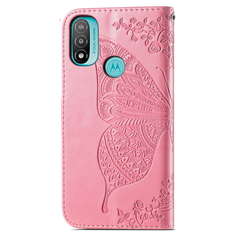 Butterfly Flower Imprinted PU Leather + TPU Shockproof Phone Case Magnetic Clasp Flip Stand Cover with Strap for Motorola Moto E20 - Pink-9