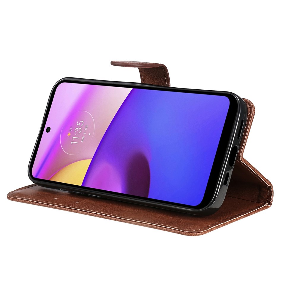 Solid Color Wallet Leather Case Inner Soft TPU Phone Cover with Adjustable Stand for Motorola Moto E40/E30/E20 - Brown-5