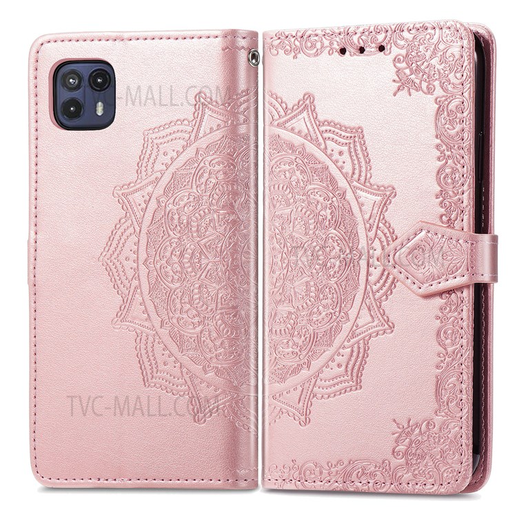 Flip Protective Case Scratch-resistant Wallet Embossed Workmanship Stylish Mandala Pattern PU Leather Magnetic Cover Stand with Strap for Motorola Moto G50 5G - Rose Gold-1