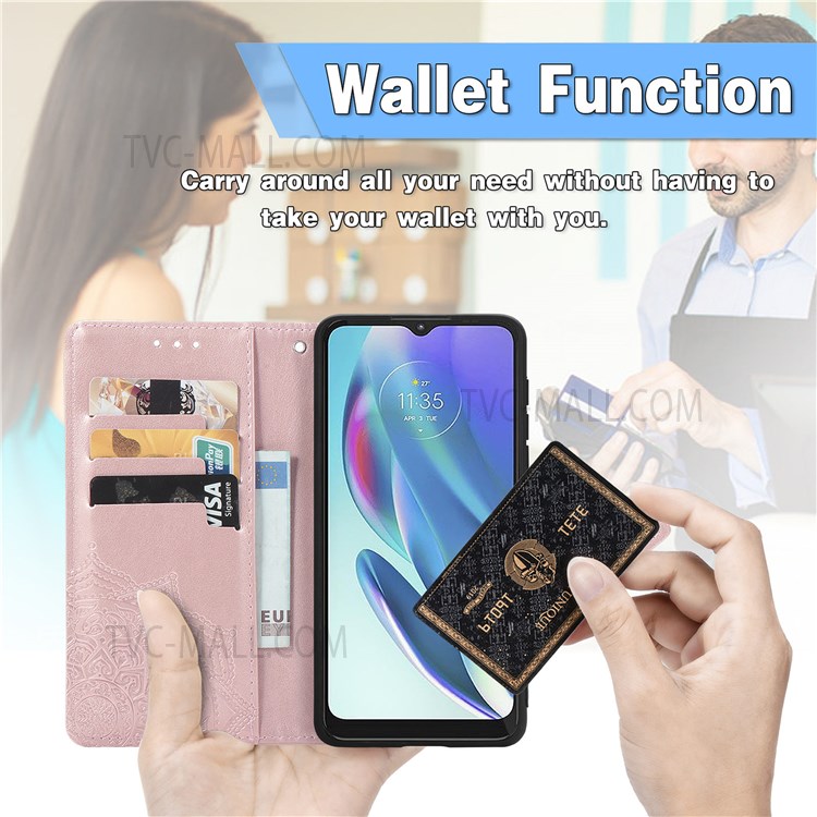 Flip Protective Case Scratch-resistant Wallet Embossed Workmanship Stylish Mandala Pattern PU Leather Magnetic Cover Stand with Strap for Motorola Moto G50 5G - Rose Gold-3