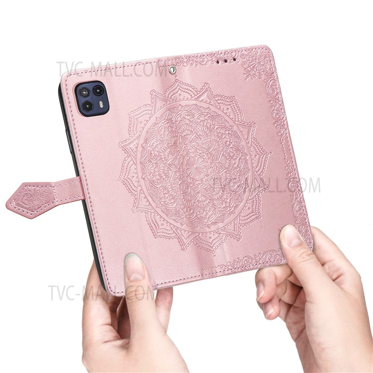 Flip Protective Case Scratch-resistant Wallet Embossed Workmanship Stylish Mandala Pattern PU Leather Magnetic Cover Stand with Strap for Motorola Moto G50 5G - Rose Gold-8