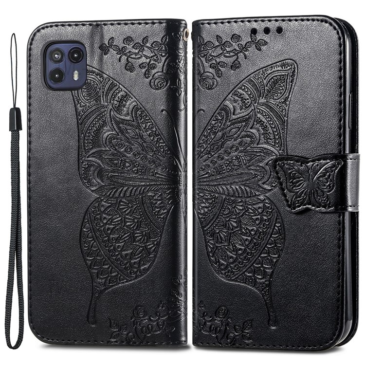 For Motorola Moto G50 5G Phone Covering Stylish Imprinted Butterfly Flower PU Leather + TPU Shockproof Phone Case Flip Stand Cover with Strap - Black-1