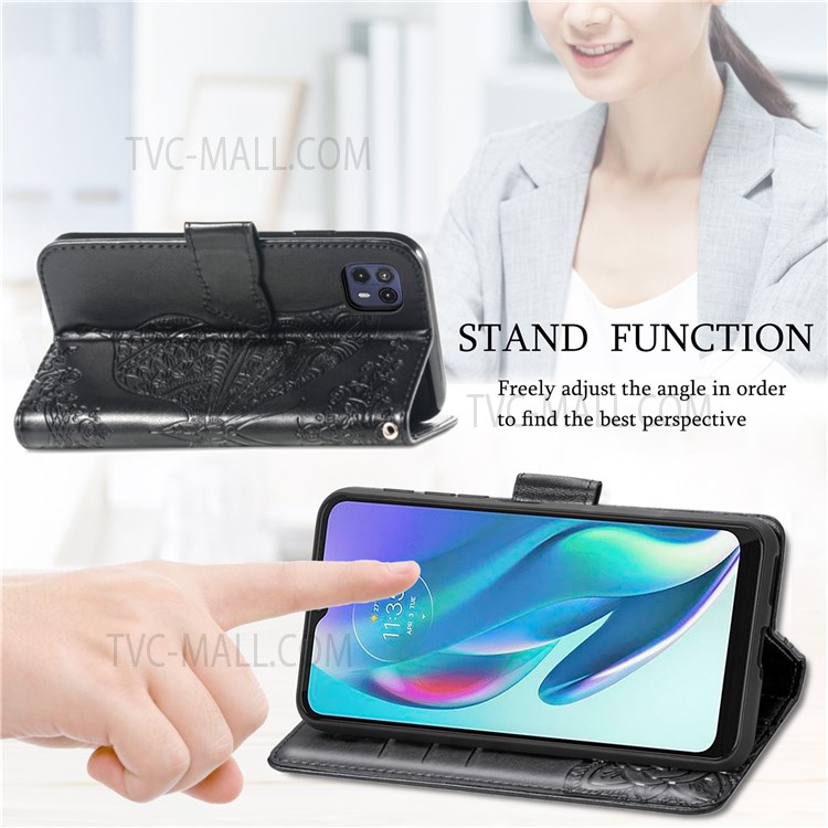 For Motorola Moto G50 5G Phone Covering Stylish Imprinted Butterfly Flower PU Leather + TPU Shockproof Phone Case Flip Stand Cover with Strap - Black-5
