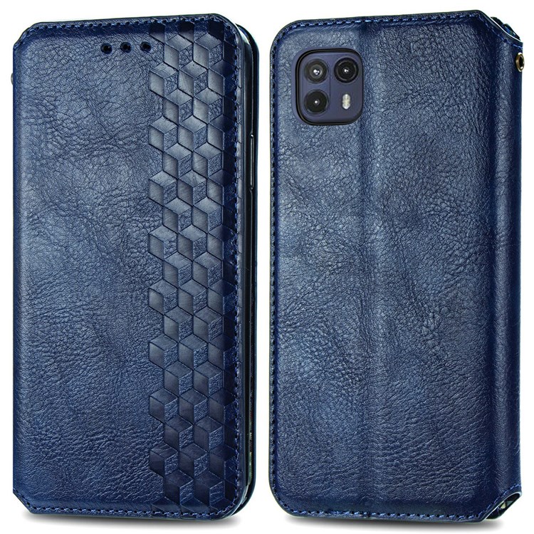 Imprinting Rhombus Stand Wallet Leather Cover Auto-absorbed Magnetic Phone Flip Case for Motorola Moto G50 5G - Blue-1