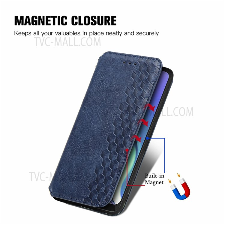 Imprinting Rhombus Stand Wallet Leather Cover Auto-absorbed Magnetic Phone Flip Case for Motorola Moto G50 5G - Blue-2