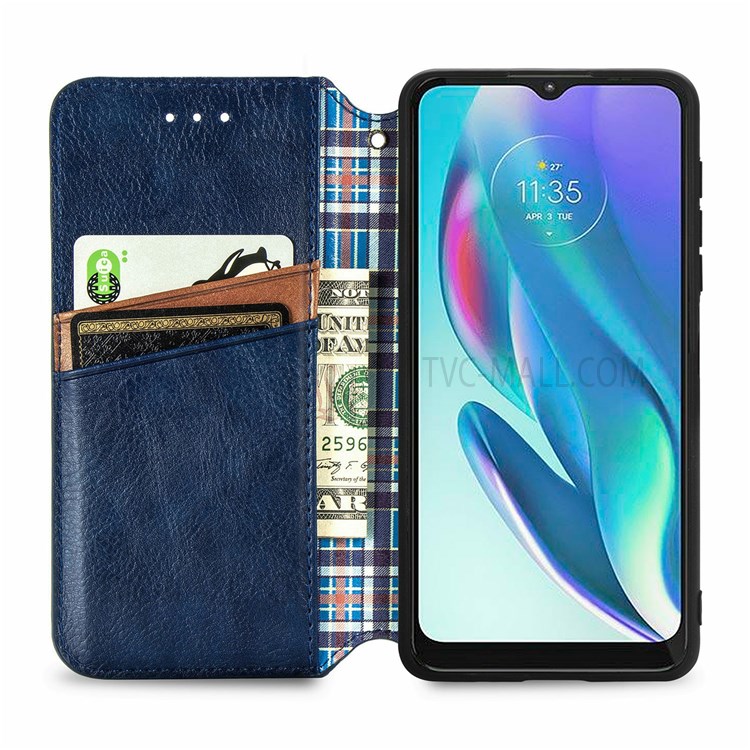 Imprinting Rhombus Stand Wallet Leather Cover Auto-absorbed Magnetic Phone Flip Case for Motorola Moto G50 5G - Blue-4