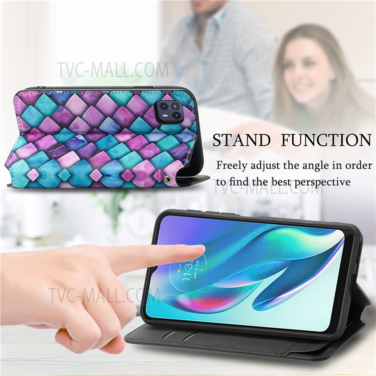 CASENEO 001 Series Anti-scratch Pattern Printing Phone Case Automatic Closing Wallet RFID Blocking Function Leather Phone Stand Cover for Motorola Moto G50 5G - Purple Scale-2