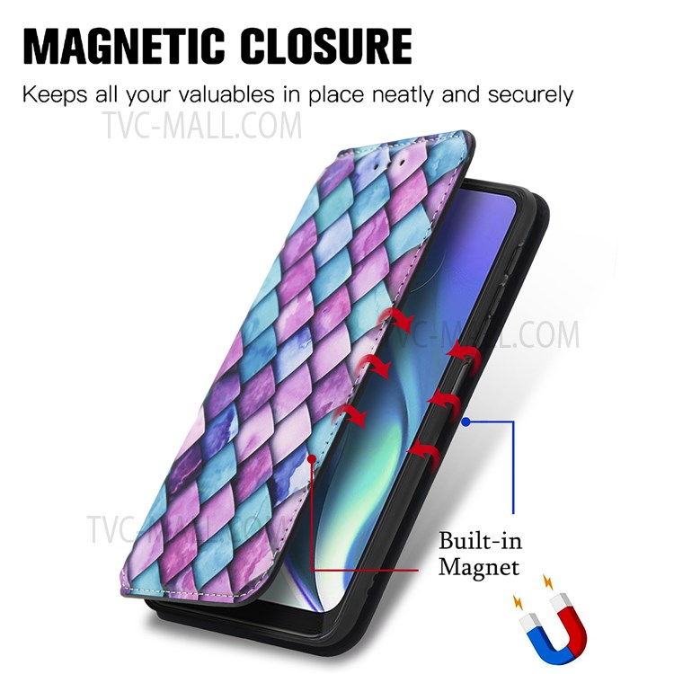 CASENEO 001 Series Anti-scratch Pattern Printing Phone Case Automatic Closing Wallet RFID Blocking Function Leather Phone Stand Cover for Motorola Moto G50 5G - Purple Scale-7