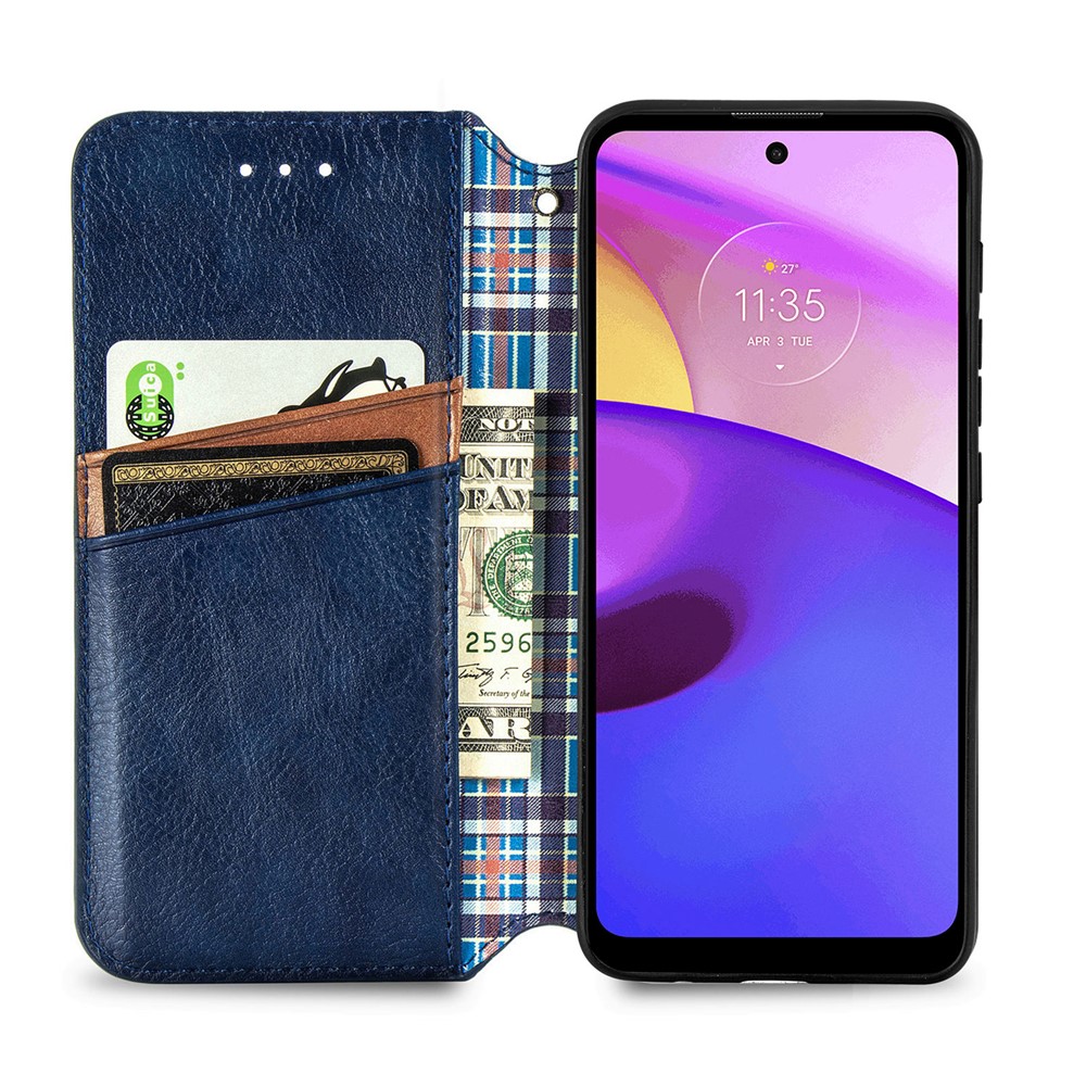 Imprinting Rhombus Magnetic Auto Closure PU Leather Stand Wallet Phone Case Protector for Motorola Moto E30/E40 - Blue-4