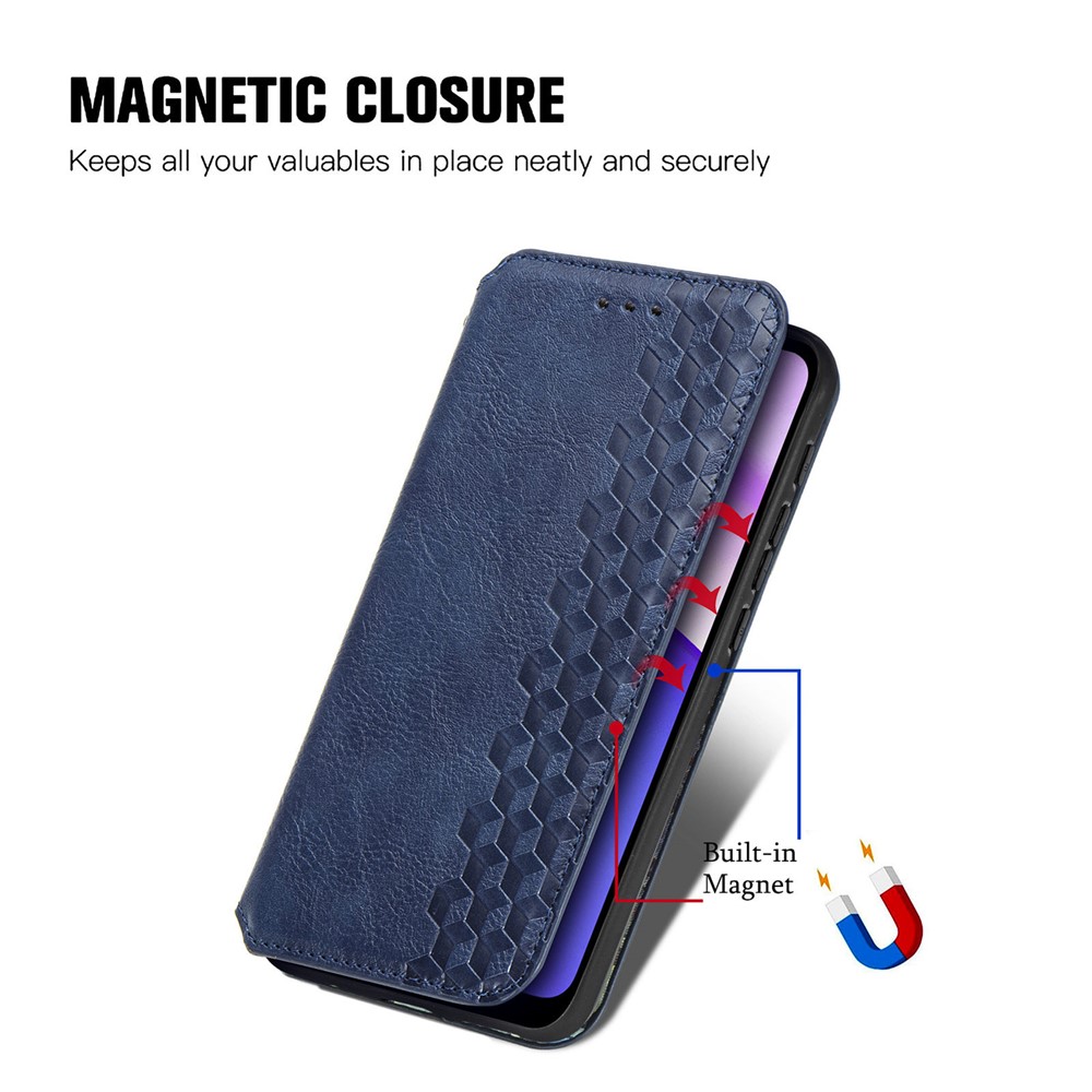Imprinting Rhombus Magnetic Auto Closure PU Leather Stand Wallet Phone Case Protector for Motorola Moto E30/E40 - Blue-5