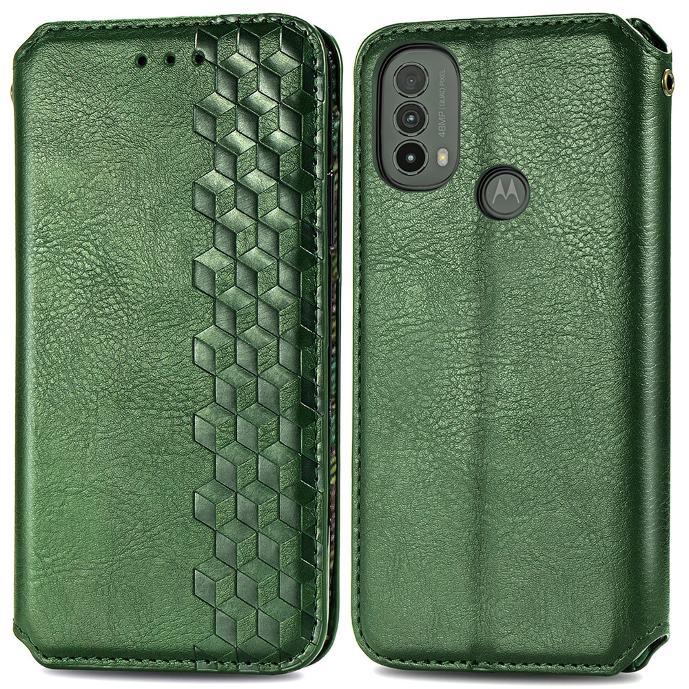 Imprinting Rhombus Magnetic Auto Closure PU Leather Stand Wallet Phone Case Protector for Motorola Moto E30/E40 - Green-1