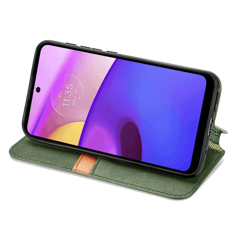 Imprinting Rhombus Magnetic Auto Closure PU Leather Stand Wallet Phone Case Protector for Motorola Moto E30/E40 - Green-3