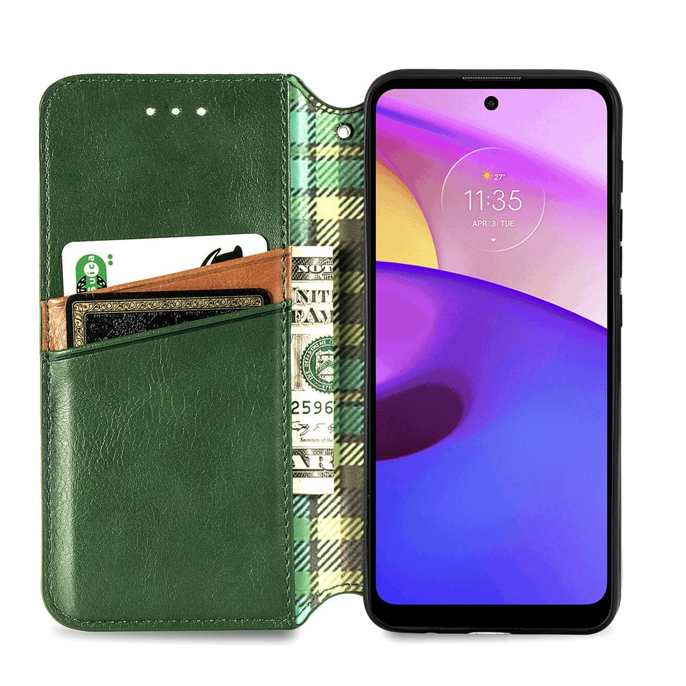 Imprinting Rhombus Magnetic Auto Closure PU Leather Stand Wallet Phone Case Protector for Motorola Moto E30/E40 - Green-4