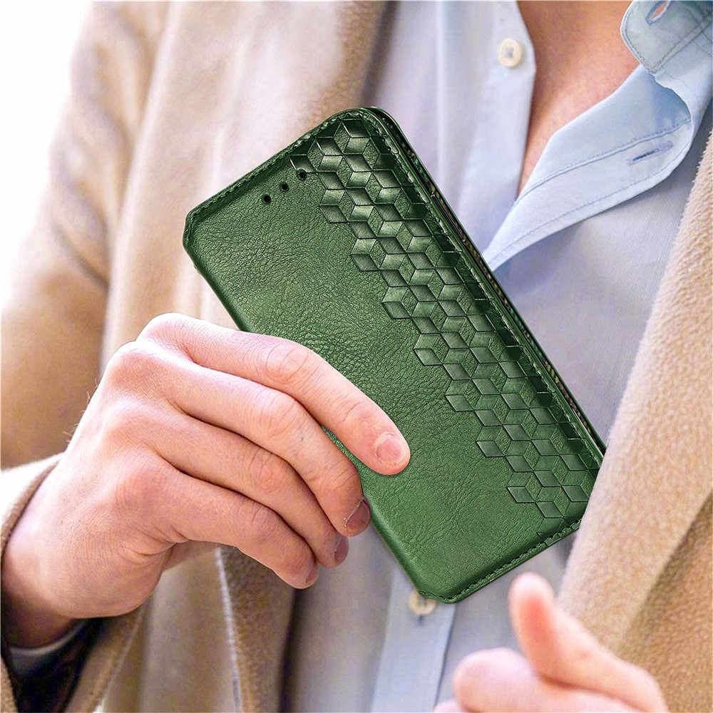 Imprinting Rhombus Magnetic Auto Closure PU Leather Stand Wallet Phone Case Protector for Motorola Moto E30/E40 - Green-9