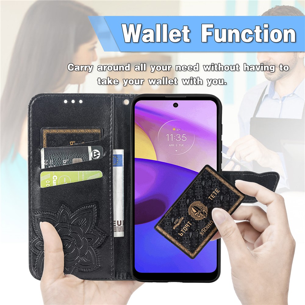 Imprinted Butterfly Flower Pattern Scratch-resistant Fashionable PU Leather + TPU Shockproof Phone Case Flip Stand Cover with Strap for Motorola Moto E30 / E40 - Black-3