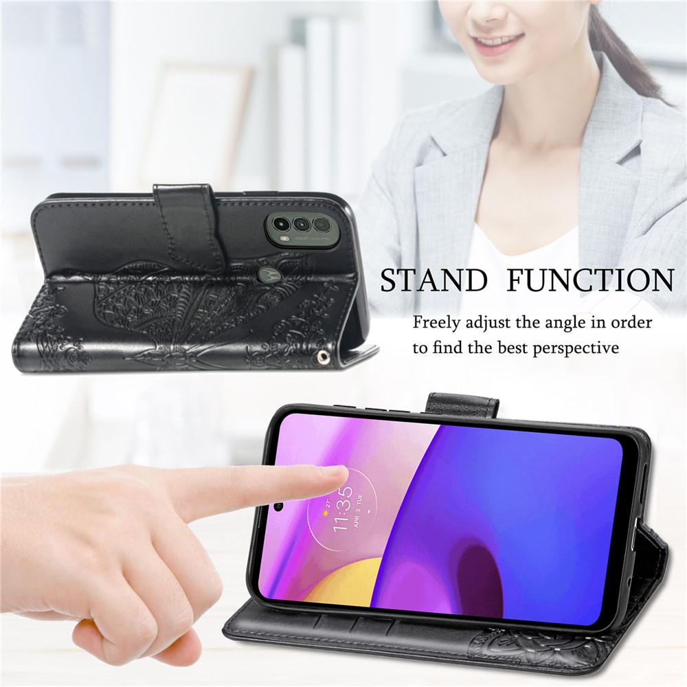 Imprinted Butterfly Flower Pattern Scratch-resistant Fashionable PU Leather + TPU Shockproof Phone Case Flip Stand Cover with Strap for Motorola Moto E30 / E40 - Black-6