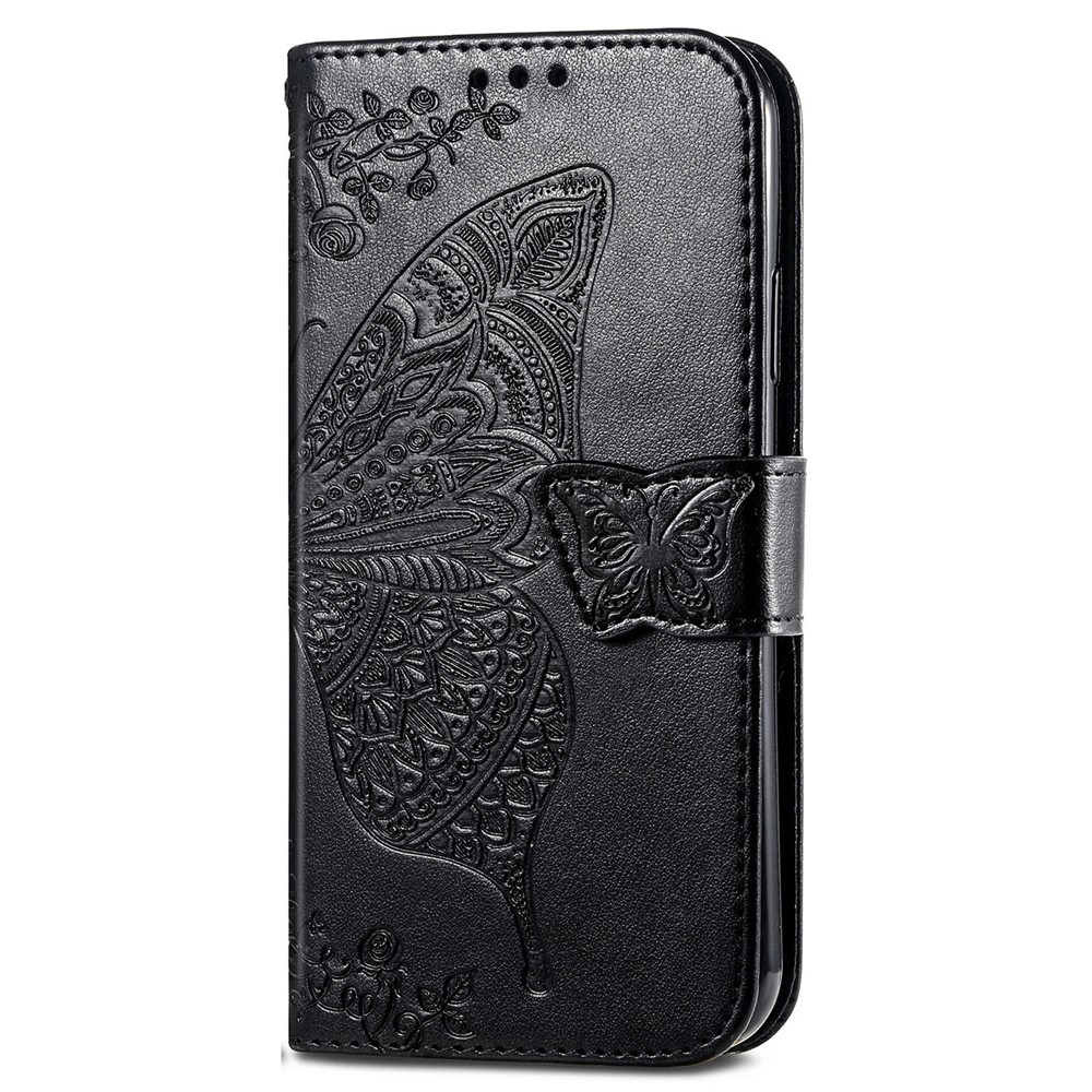 Imprinted Butterfly Flower Pattern Scratch-resistant Fashionable PU Leather + TPU Shockproof Phone Case Flip Stand Cover with Strap for Motorola Moto E30 / E40 - Black-9