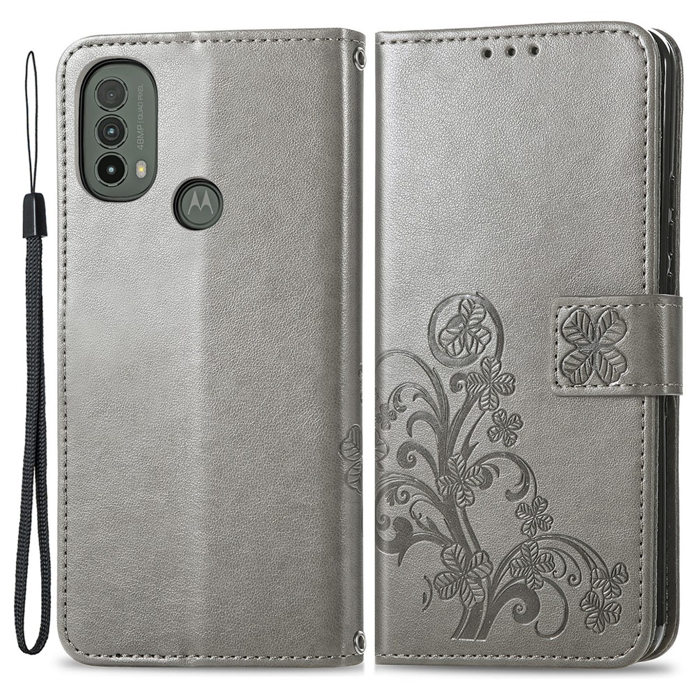 Stylish Four-leaf Clover PU Leather Phone Flip Cover Imprinted Wallet Stand Phone Case Protector for Motorola Moto E30/E40 - Grey-1