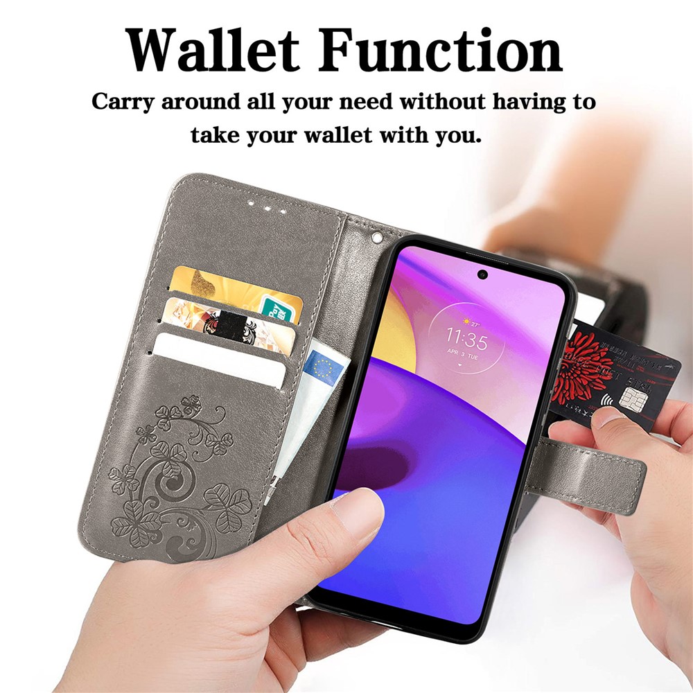 Stylish Four-leaf Clover PU Leather Phone Flip Cover Imprinted Wallet Stand Phone Case Protector for Motorola Moto E30/E40 - Grey-3