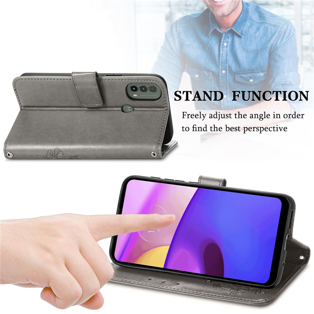 Stylish Four-leaf Clover PU Leather Phone Flip Cover Imprinted Wallet Stand Phone Case Protector for Motorola Moto E30/E40 - Grey-4